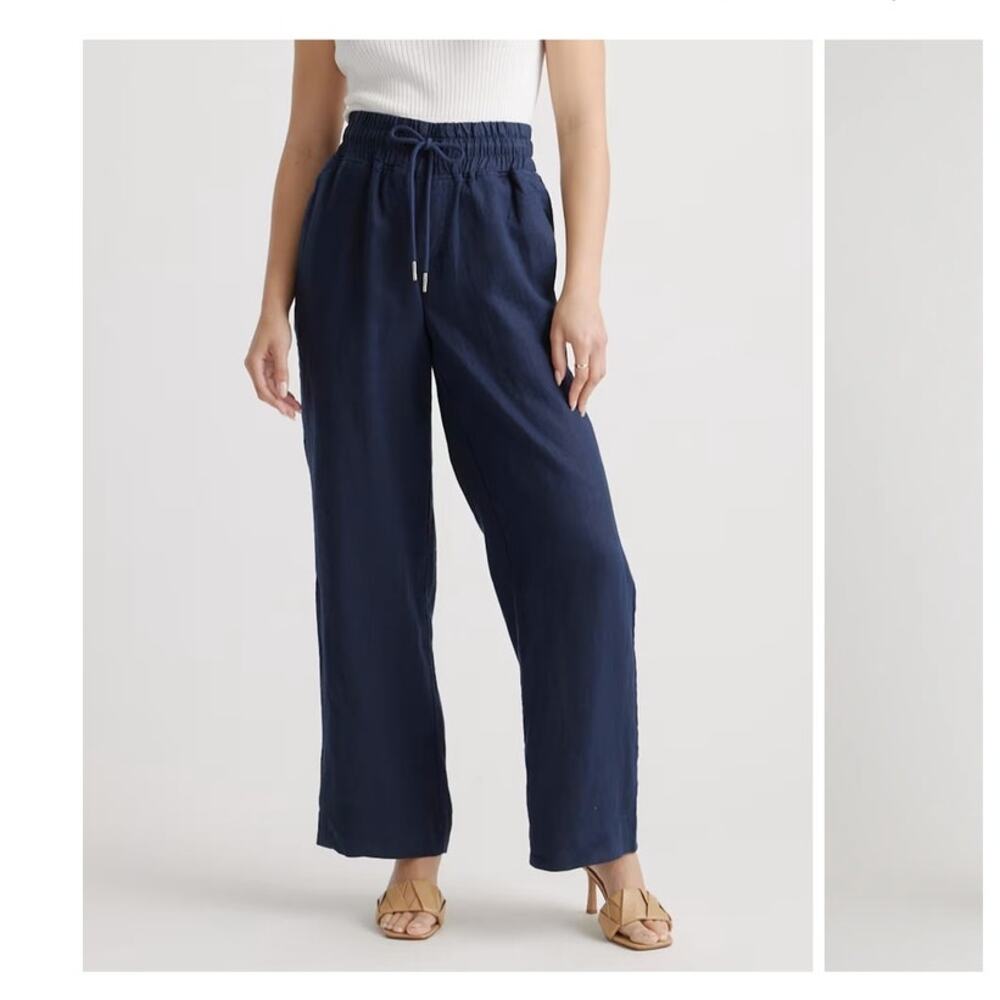 Quince 100% European Linen Wide Leg Pants Black Elastic Waist Size Small